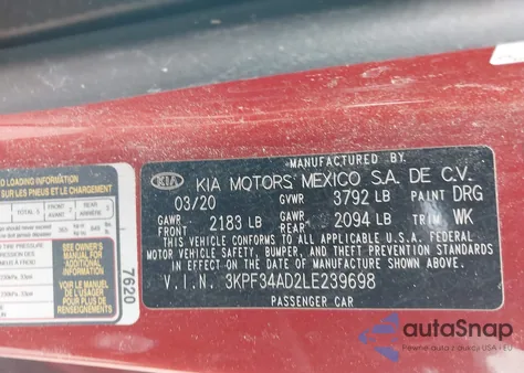 2020 Kia Forte Gt-Line z USA, uszkodzony, nr VIN 3KPF34AD2LE239698